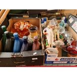 Two boxes of assorted collectables including clown ornaments, brandy decanters, a West German
