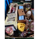 A box of collectables to include beads, yankee candle, Murano frame, needle case, purse and dolls