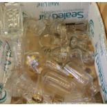 A box of assorted glass including including bottle stoppers, toasting glasses, a rummer etc.