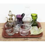 A tray of assorted glass, mainly 19th century blown glass including a vinegar bottle, top hat posy