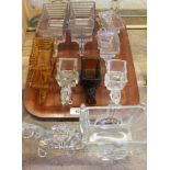 Ten pieces of pressed glass comprising three pairs of wheel barrows including Greener & Co and