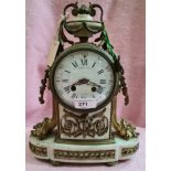 A 19th century French ormolu and marble clock with enamel face and blue Roman numerals, with key and