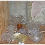 Assorted glass including a colliery cart, an Eiffel Tower candlestick, a horse shoe ink well,
