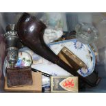 A box of collectables to include ceramic figures, ornaments, EPNS ware, a large bakelite ear horn,