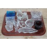 A tray of assorted novelty pressed glass including buggies, prams, top hats, Hepple Colliery