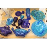 A box of assorted blue glass including a cupped hands dish, a Humpty Dumpty mug etc.