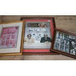 Three framed commemorative stamp pictures comprising The Two Ronnies signed, Charlie Chaplin and