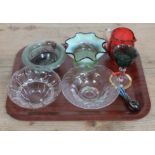 A tray of mainly blow glass comprising a vaseline pedestal bowl, two clear glass dishes, a cranberry