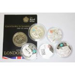 Five London Olympics silver five pound coins and another in nickel.