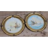 J Hill, 19th/20th Century School, pair of sea scape watercolours, round, diameter 29cm, glazed and