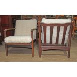 A pair of Danish teak lounge chairs, height 70cm, width 67cm and depth 84cm.