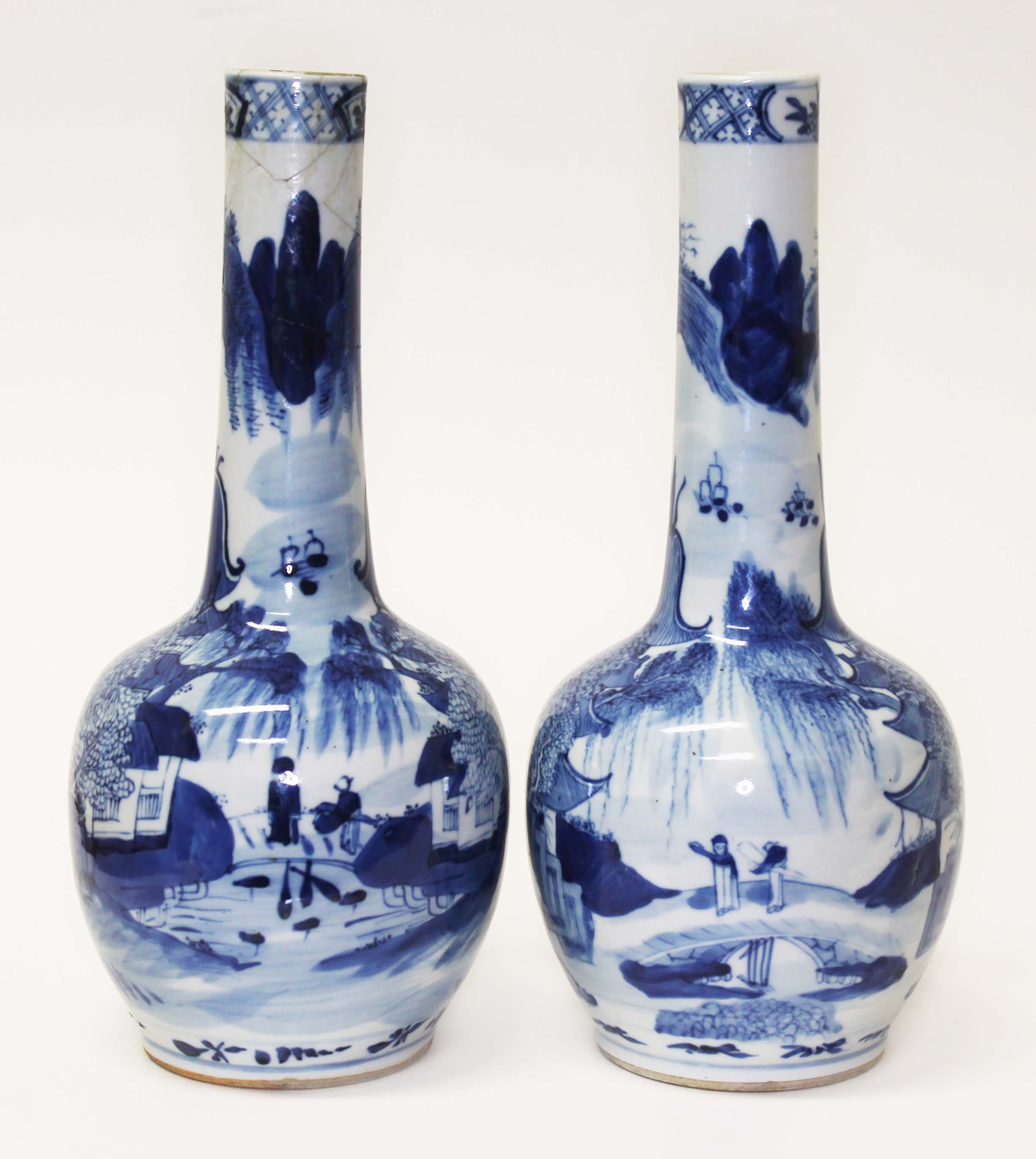 A pair of Chinese blue and white porcelain bottle vases, each with four character mark to base,