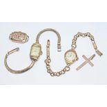 Three hallmarked 9ct gold watches, two with 9ct gold bracelet straps, together with a cross