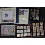 Mixed coins comprising two albums of coin covers, two cases of silver and gold plated