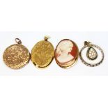 A mixed lot comprising a locket marked '9ct Back Front', a hallmarked 9ct gold locket, a pendant