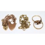 A mixed lot comprising a hallmarked 9ct gold bracelet, a chain with 9ct gold import marks, a