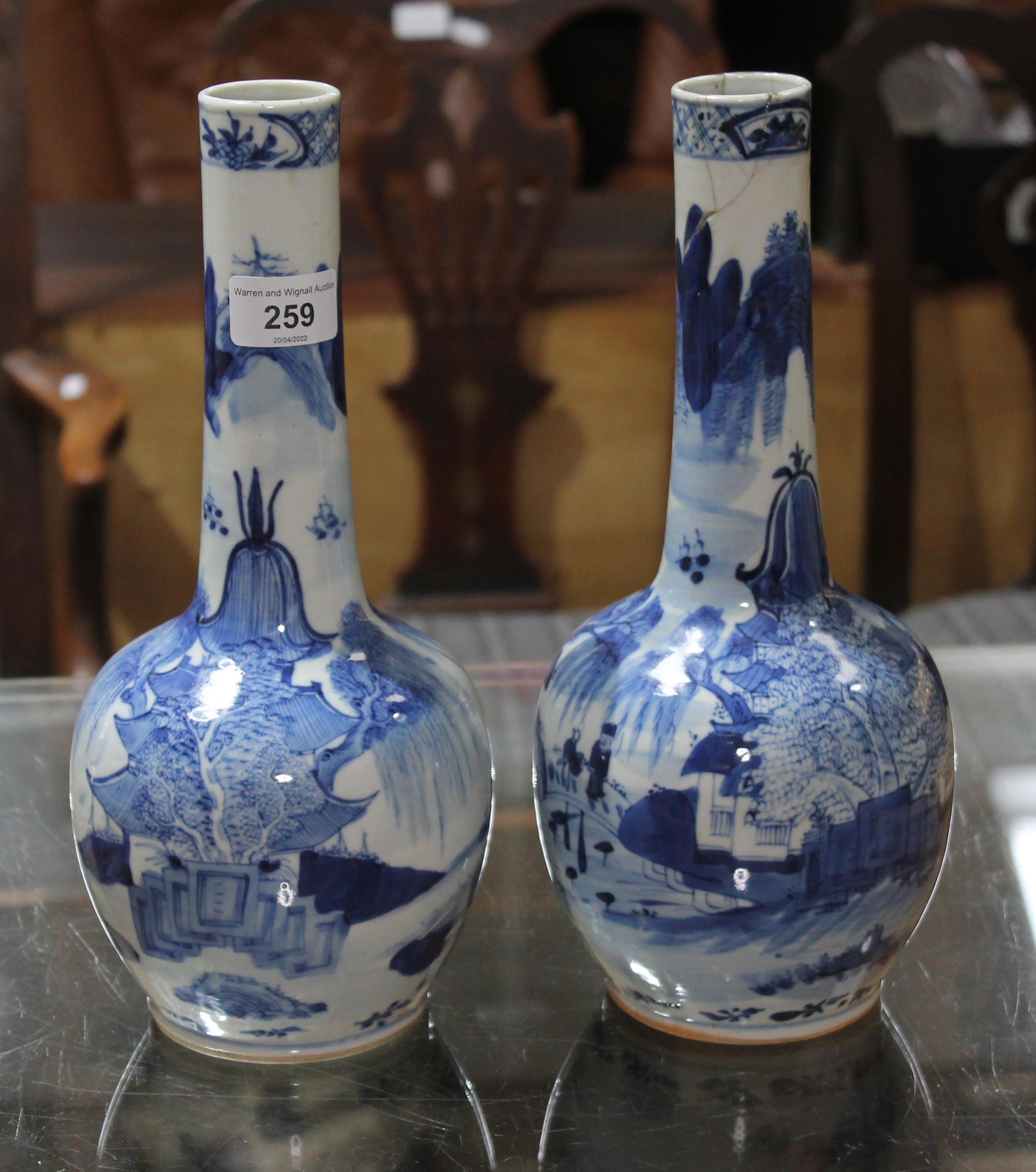 A pair of Chinese blue and white porcelain bottle vases, each with four character mark to base, - Image 5 of 7
