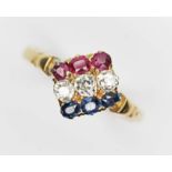 An antique diamond, sapphire and ruby cluster ring, the cluster formed as the French Tricolour