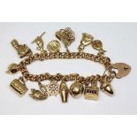 A 9ct gold charm bracelet, the heart shape lock clasp and chain links marked '9c', 14 hallmarked 9ct