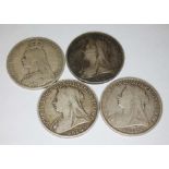 A group of four Victoria crowns comprising; 1891, 1896, 1867 & 1899.