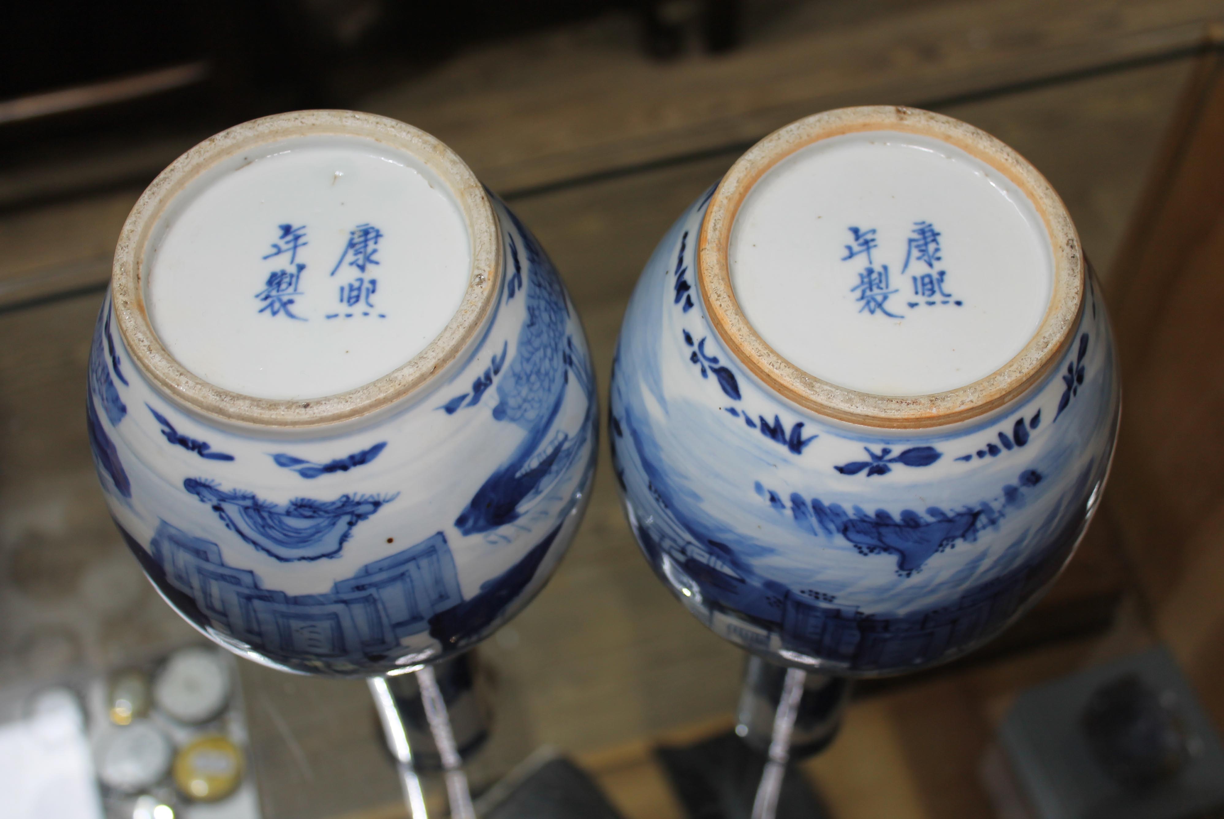 A pair of Chinese blue and white porcelain bottle vases, each with four character mark to base, - Image 3 of 7