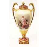 A large Vienna porcelain urn, circa 1900, the ovoid body hand painted with the "Three Fates" after