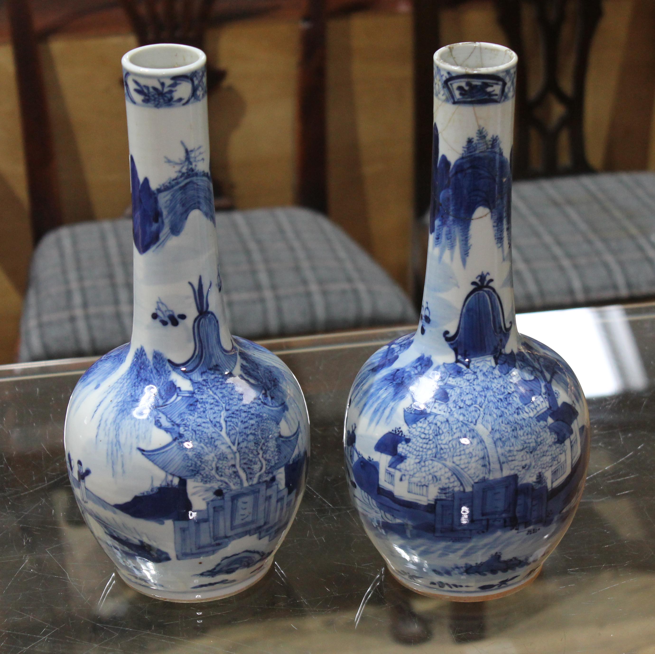 A pair of Chinese blue and white porcelain bottle vases, each with four character mark to base, - Image 4 of 7