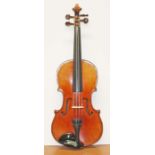 A 19th century Berlin School violin, two piece back length 357mm, with bow stamped 'J Smith' and