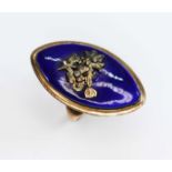 A late Georgian blue enamel and diamond navette shaped mourning ring, the blue enamel applied with a