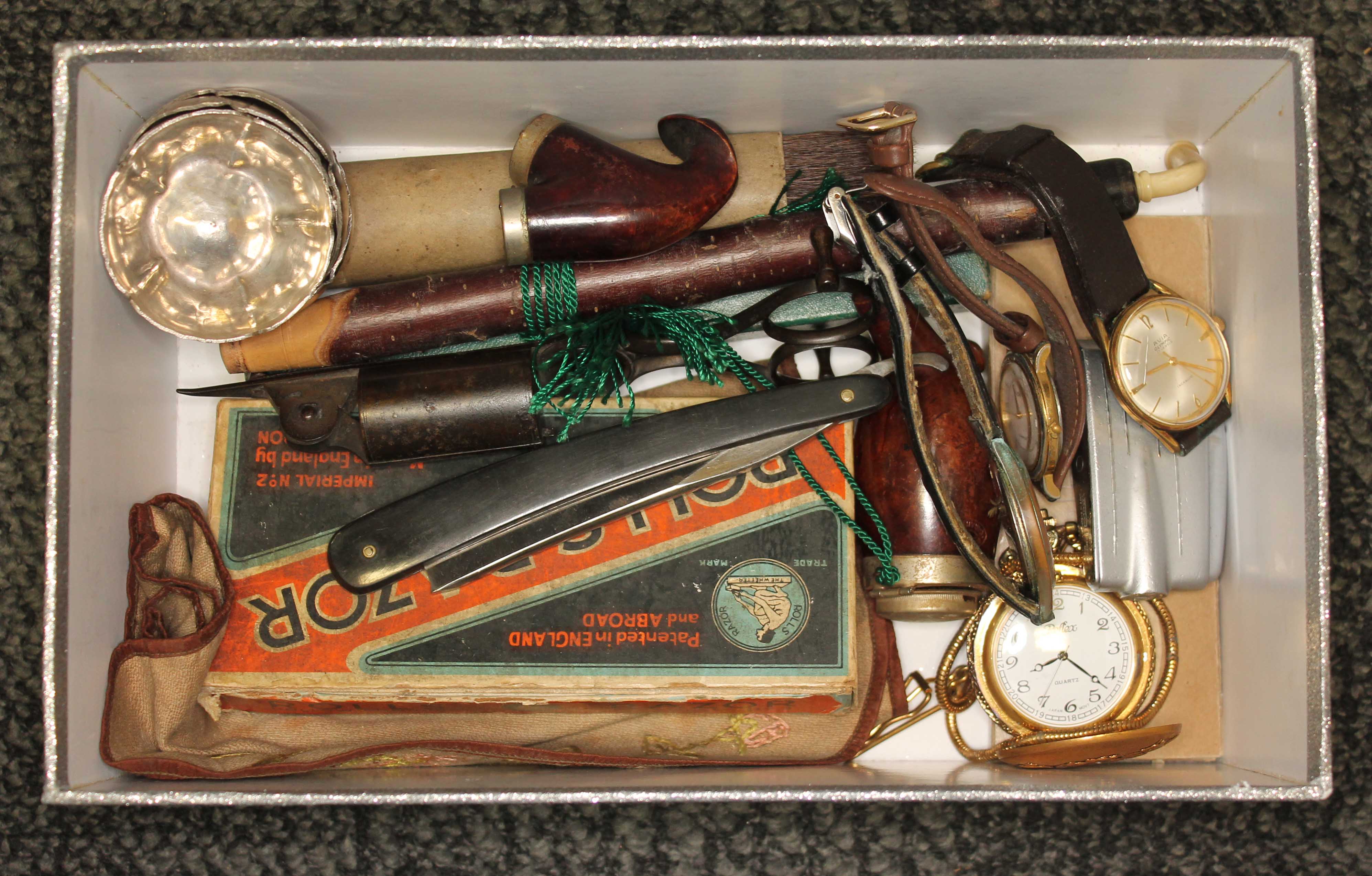 A mixed lot including razors, a pipe, watches, candle snuffers, a set of white metal salts marked '