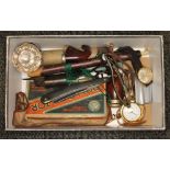 A mixed lot including razors, a pipe, watches, candle snuffers, a set of white metal salts marked '