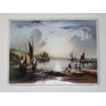 A hand painted porcelain plaque with fishing scene after Arthur Simpson 12cm x 9cm.