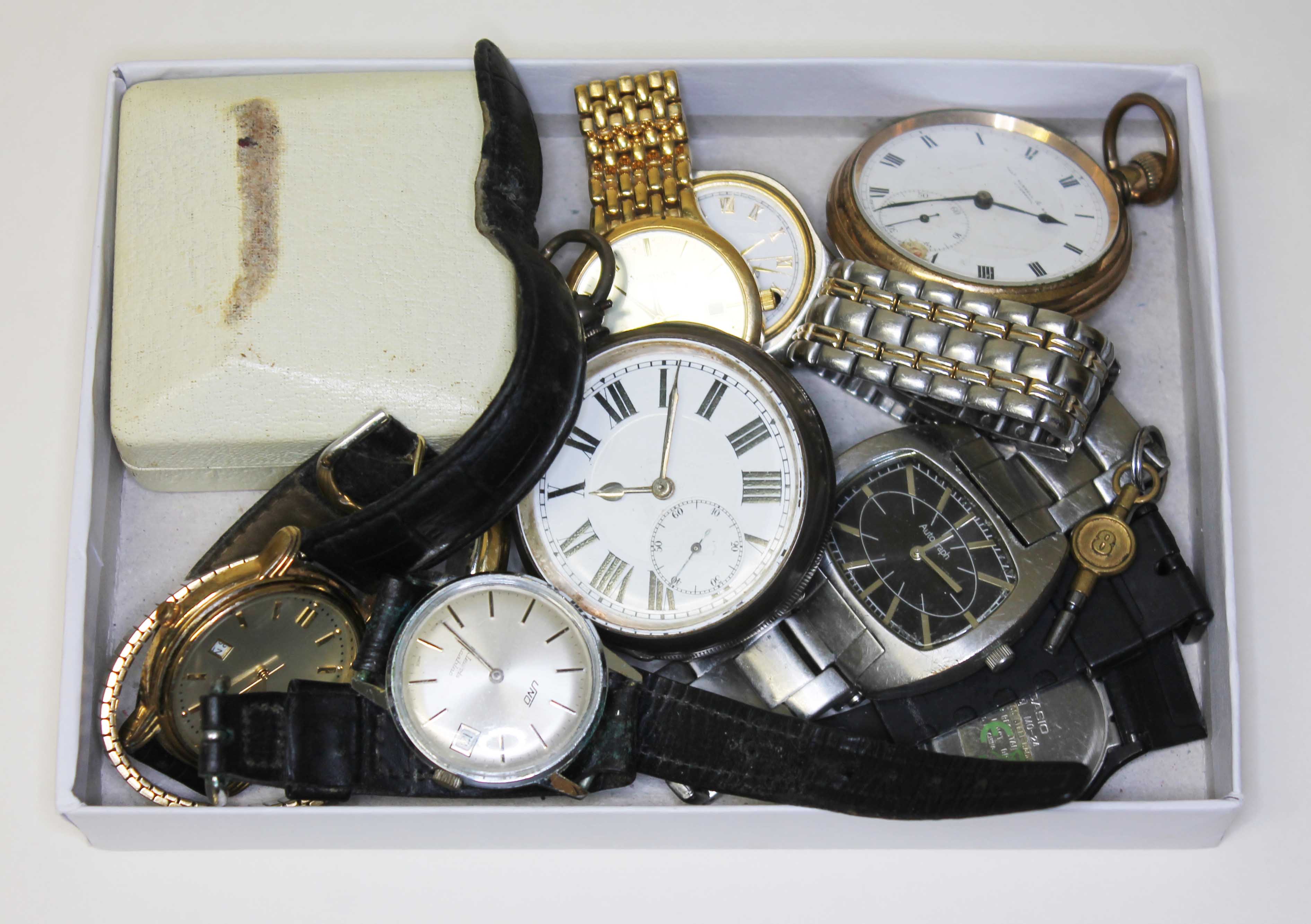 A hallmarked silver pocket watch, a gold plated pocket watches and other watches.