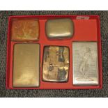 A group of cigarette cases including a WWII engraved aluminium cigarette case, a Japanese