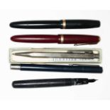 Assorted pens and pencils comprising two vintage Parker fountain pens with nibs marked '14K', a