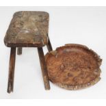 A primitive four leg stool (as found) and a burr wood bowl by Ivor Grace.