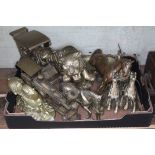 A box of assorted brassware including horses, carriages, a train etc.