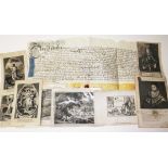 Eight assorted 18th century engravings and an 18th century indenture.