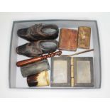 A mixed lot of treen and collectables comprising two snuff boxes, a vesta, a pair of child's