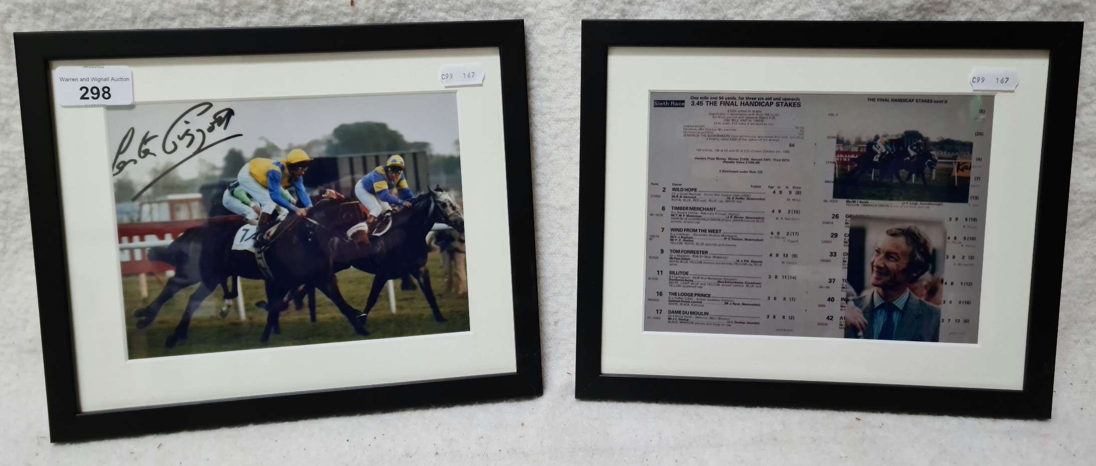 A framed signed photograph of Lester Piggott and a copy of the race card.