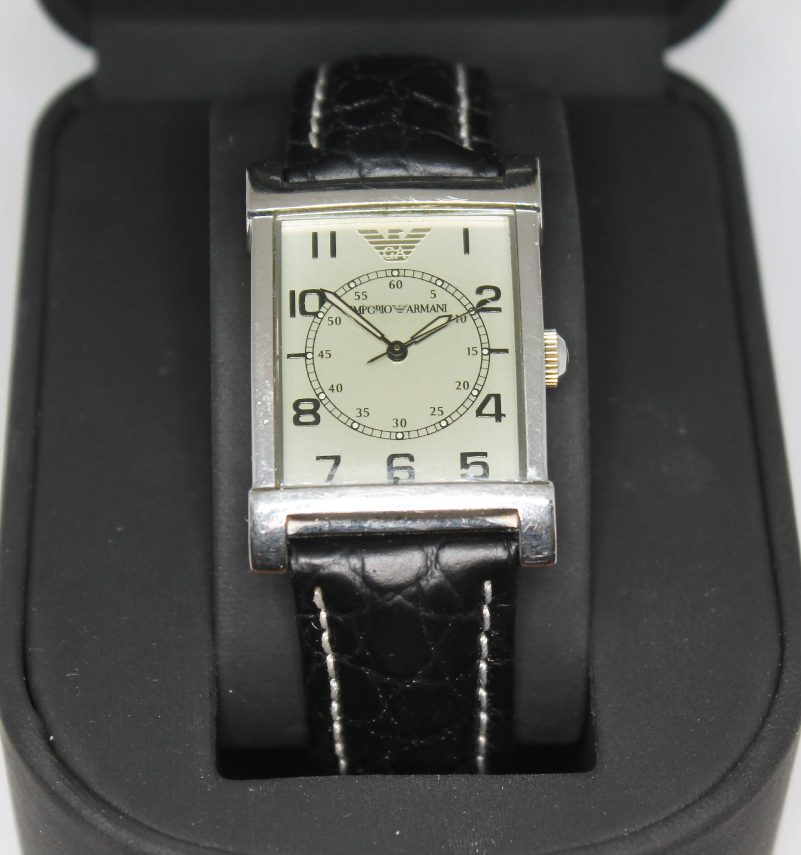A gent's Emporio Armani quartz wrist watch with box.