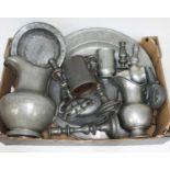 A box of assorted antique pewter, 17th century and later including a twin handled cup