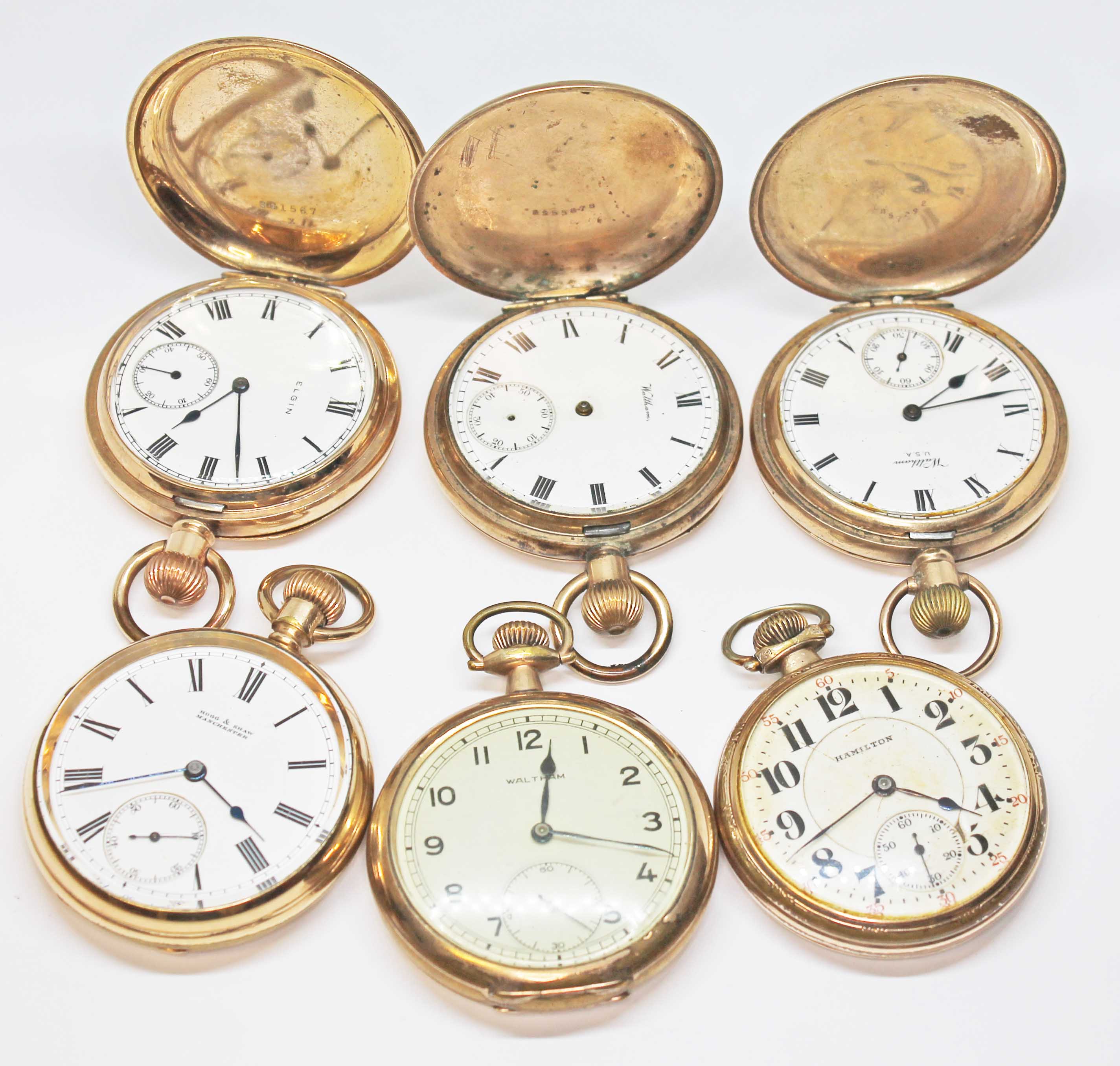 A group of six gold plated pocket watches.