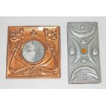 An Arts & Crafts style pewter match box holder, length 12cm, together with an Art Nouveau style