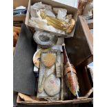 A mixed box containing vintage dressing table set, 2 boxed sets of place mats, a part canteen of