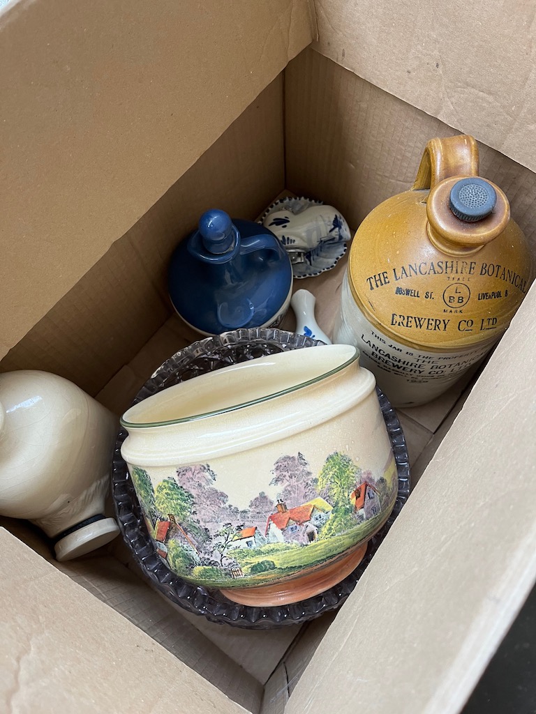 A box of misc pottery to include "The Lancashire Botanical Brewery Co Ltd" stoneware bottle, Lamb'