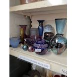 A group of 14 pieces of art glass including vases, bowls and paperweights