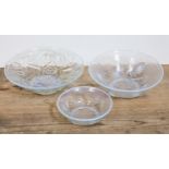 A group of three opalique glass bowl, diameters 14.5cm, 21.5cm & 22.5cm. Condition - good, general