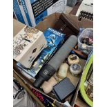 A box of collectables to include onyx lighters, costume jewellery, a Greenkat spotting scope, Roby