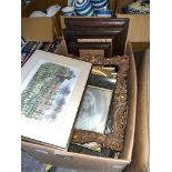 A box of picture frames to include gilt, ebonised, ornate, pictures to include Gerald Rickards